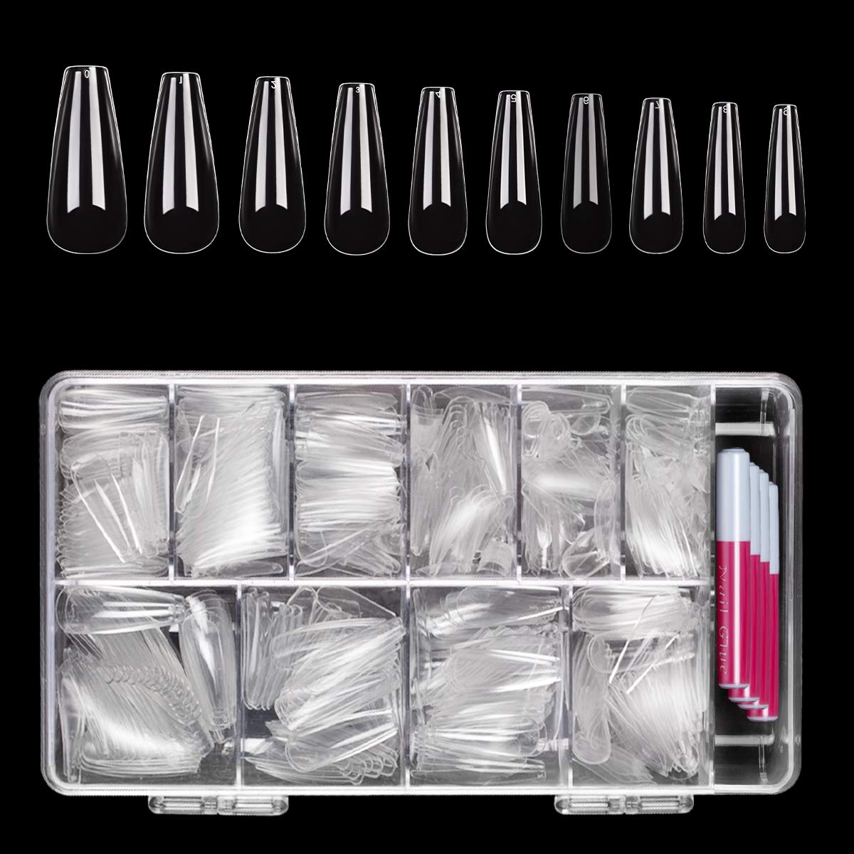 Beetles Gel Polish Fake Nail Tips Set- 500 Pcs Acrylic Press on Nails Clear Long Coffin Artificial False Nails with Nail Glues for Acrylic Nail/Dip Powder Nails/Poly Gel Nail Extension/Gel Nail Polish