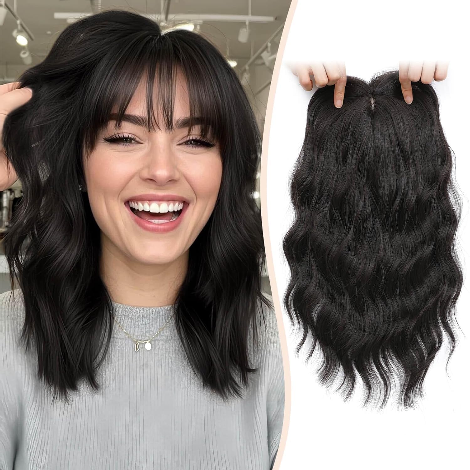 Flyroseing Hair Toppers for Thinning Hair, 6.5x6.5" Large Base Topper with Fringe Clip in Short 14 Inch Dark Brown Wavy Synthetic Wiglets Hairpieces for Women