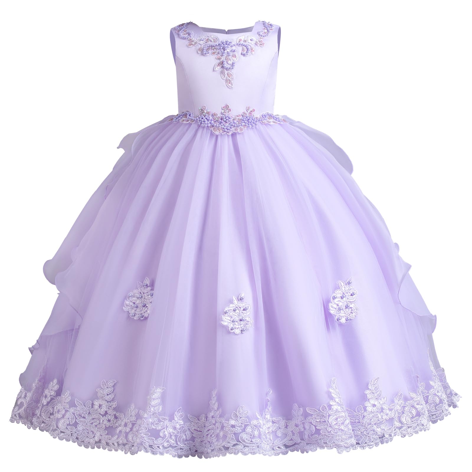 Photo 1 of Junior Bridesmaid Dresses: Flower Girls Sleeveless Floral Lace Tulle Princess Puffy Tulle Dress Wedding Party Pageant Birthday Maxi Formal Prom Evening Ball Gown for Kids Lavender 10-11 Years