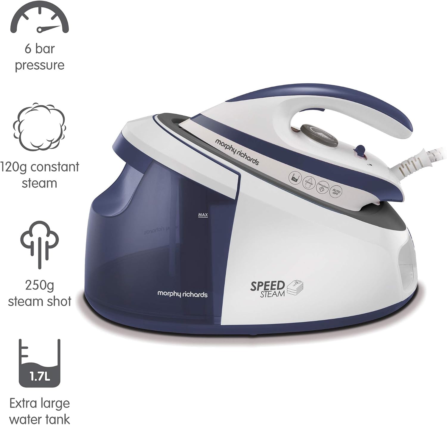 Morphy Richards SpeedSteam Steam Generator Iron, Non Stick Ceramic Soleplate, 240g Boost, 140g Output, 5.5 Bar Pressure - Image 3