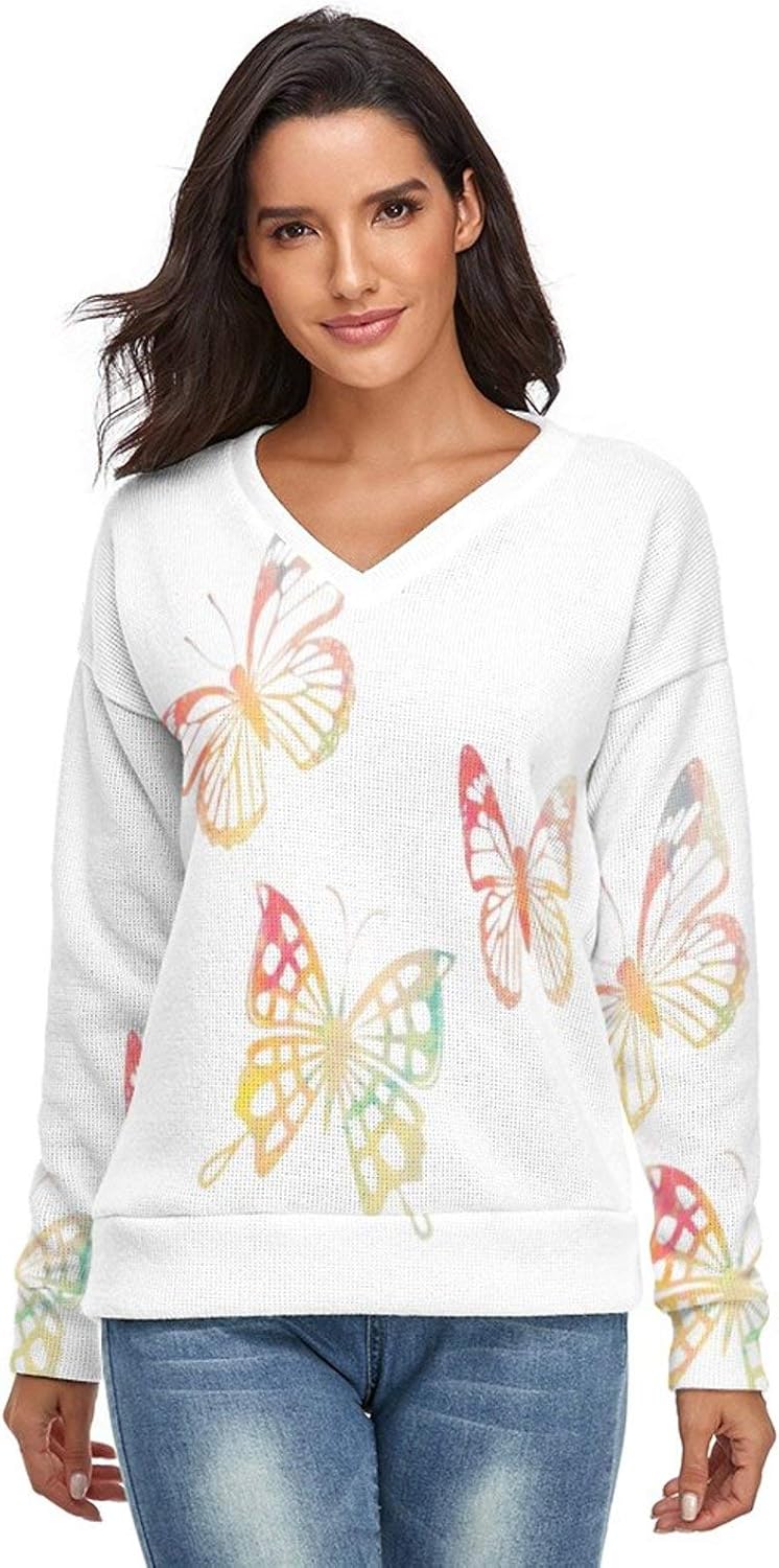 Women's Colorful Butterflies Fit Lightweight Long Sleeve V Neck Sweater