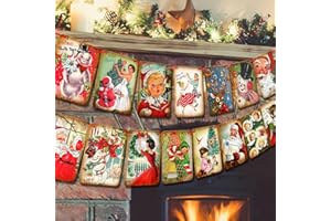 SSAILUE DECOR Christmas Decorations Vintage Style Christmas Banner,Traditional Victorian X-mas Bunting, Vintage Style Santa X-mas Decorations Indoor for Home Office Party Fireplace Mantle