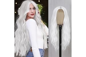 YBYMCAI White Wig - Long White Wavy Wigs for Women Middle Part Cosplay Wigs 26 inch Natural Curly Synthetic Wig Heat Resistant Fiber Wigs for Daily Party Use