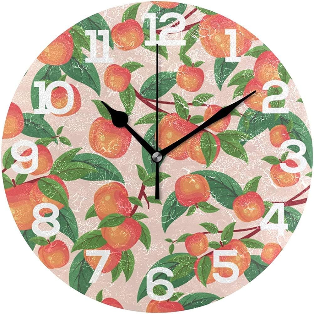 Wall Clock Fruit Peach Tree Pattern Painted Round Acrylic Clock Silent Non-Ticking Clock
