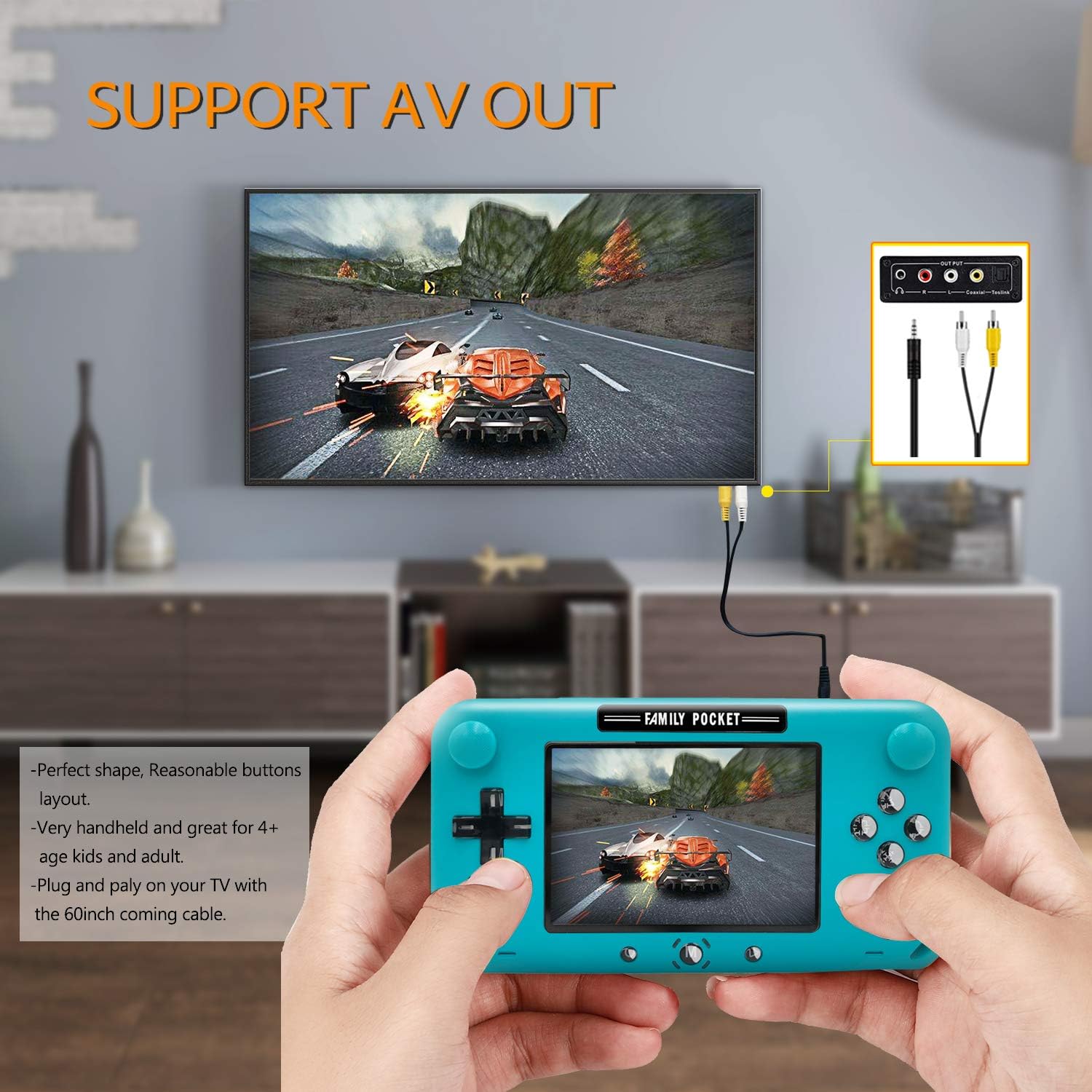 EASEGMER Handheld Game Console, Portable Game Player Built-in 208 Classic Games 4 Inch Retro Gaming System, Support TV/AV 12 Bit Rechargeable Video Game Console, Best Gift for Kids and Adults (Blue): Toys & Games