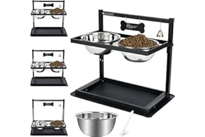 SHAINFUN Elevated/Raised Dog Bowls Stand Adjusable Height with Two 1.7L Stainless Steel Food Bowls and Spill Proof Mat, for Large and Medium Dogs.