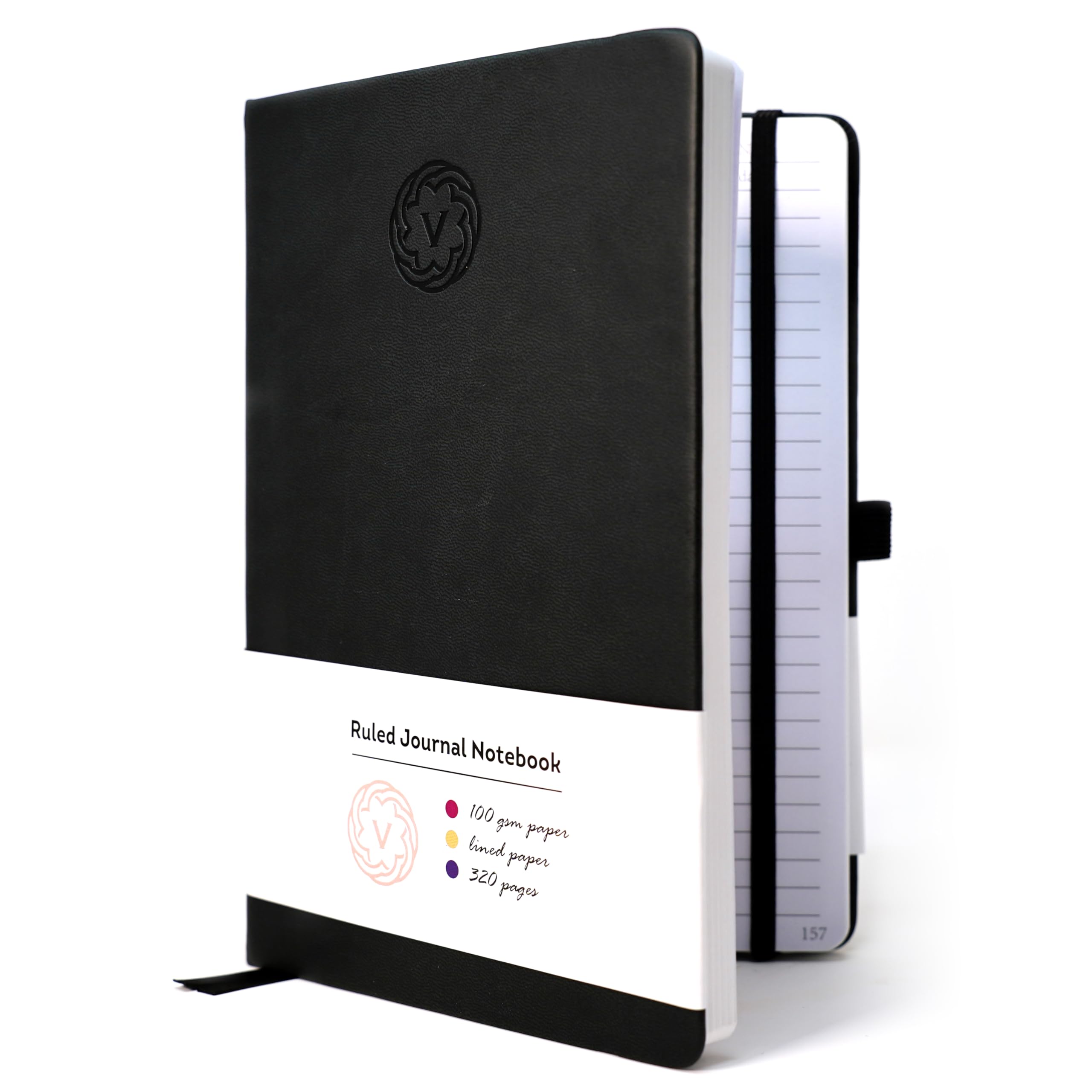 VABE UK A4 Journal Notebook Lined Notepad 320 Pages - 100gsm Hardcover Writing Notebook, Classic Casebound Lined Journal with Elastic Closure, Inner Pocket, Pen Loop & Sticky Notes (A4, Black)