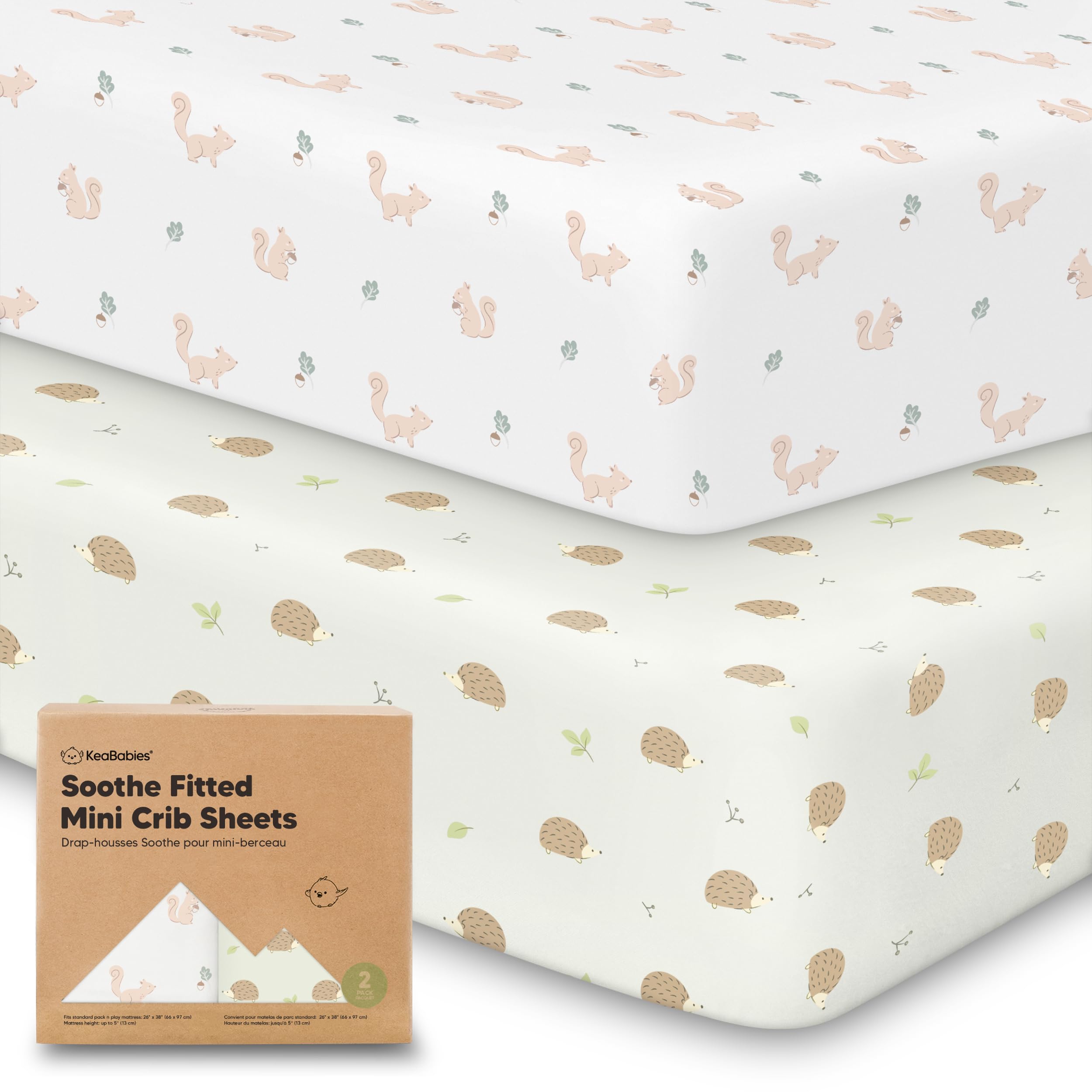 Photo 1 of 2-Pack Mini Crib Sheets Fitted - 38x26 Pack N Play Sheets for Pack and Play Mattress, Organic Cotton, Soft & Breathable Playard Bedding, Neutral Mini Toddler Bed Cover for Boys, Girls (Nibbles/Bruce)
