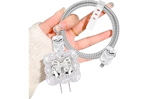 Glitter DIY Cable Protector for Apple 18W/20W Power Adapter, Cute Siliver Bow Tie Heart Design Sparkle Luxury Clear Soft Data