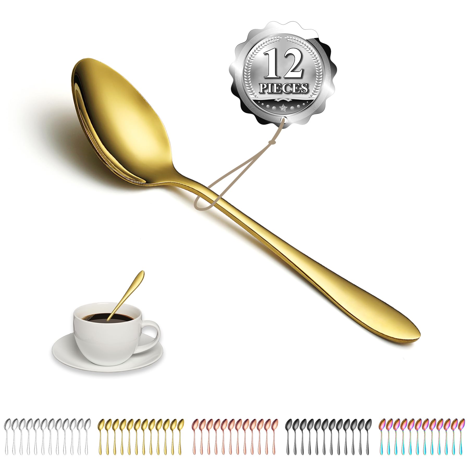 Kyraton Gold Teaspoons Set of 12 Pieces, 14cm Titanium Golden Plating Stainless Steel Coffee Spoons, Dessert Spoon, Small Tea Spoons, Dishwasher Safe