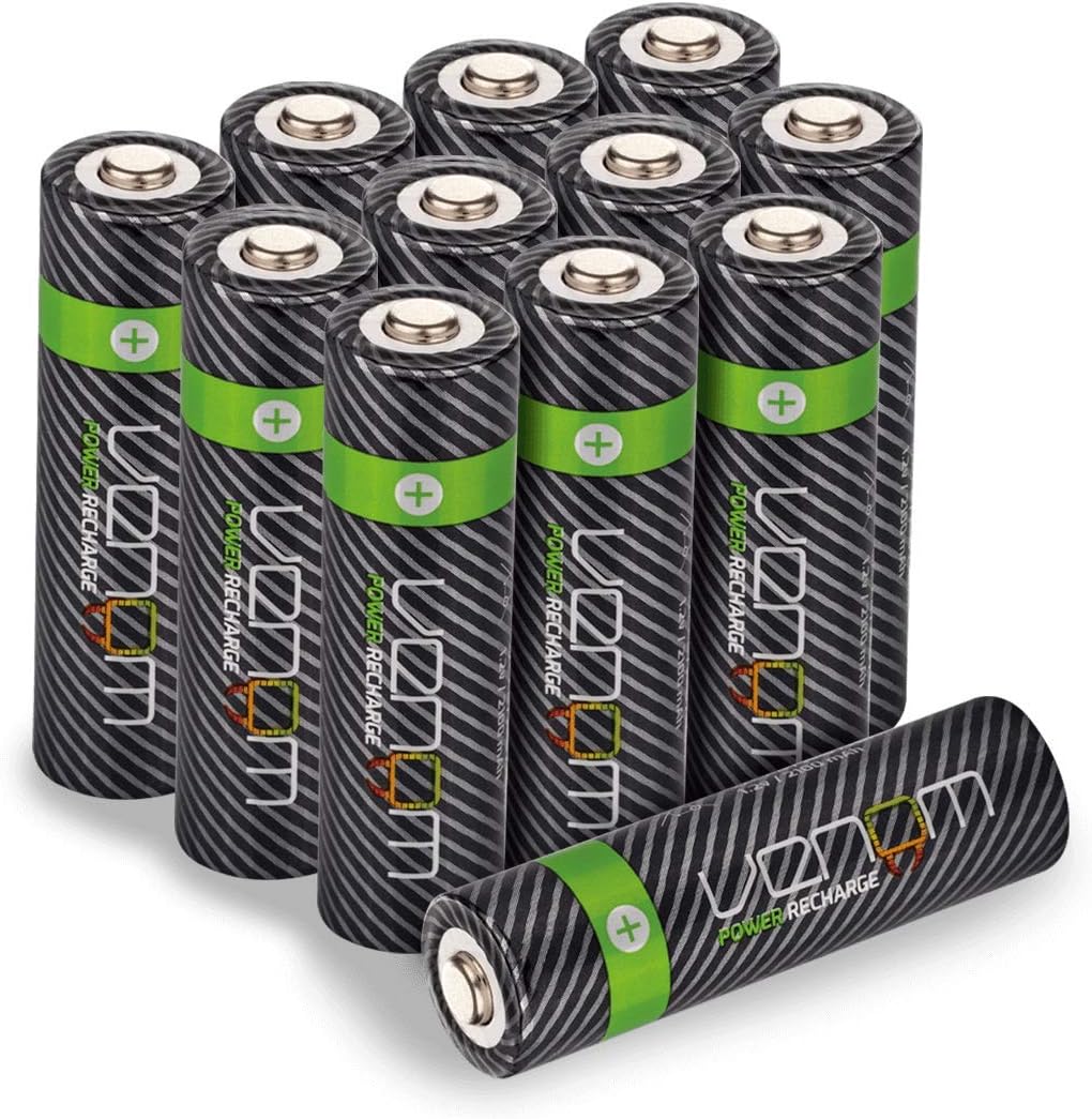 Venom Rechargeable AA Batteries - 2100mAh 1.2V NiMH - High Capacity (12-Pack), Black, AA 12 Pack