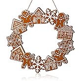Jetec Christmas Gingerbread Wreath 11.8inch Christmas Front Door Decor Wooden Gingerbread Man and House Snowflakes Door Hanger Rustic Wall Decoration for Xmas Holiday Garden Yard Window