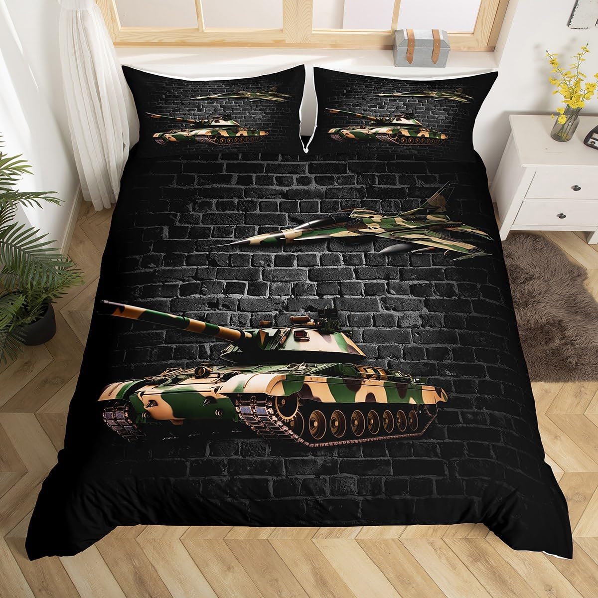 Tank Duvet Cover Set Double Size, Army Camo Tank Aircraft Bedding Set 3pcs for Kids Boys Teens Bedroom Decor, Grey Brick Wall Print Comforter Cover Soft Polyester Quilt Cover with 2 Pillowcases — image 1