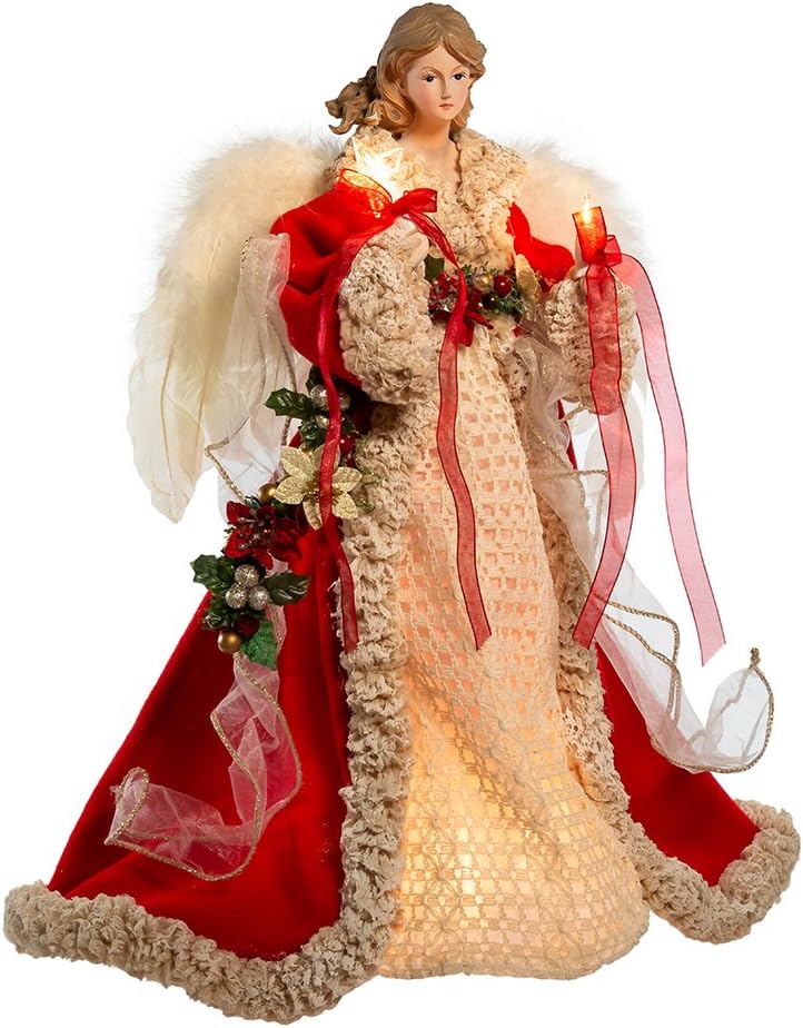 Tree Toppers - Kurt S. Adler UL 10-Light 16-Inch Kurt Adler Red and Ivory Angel Treetop