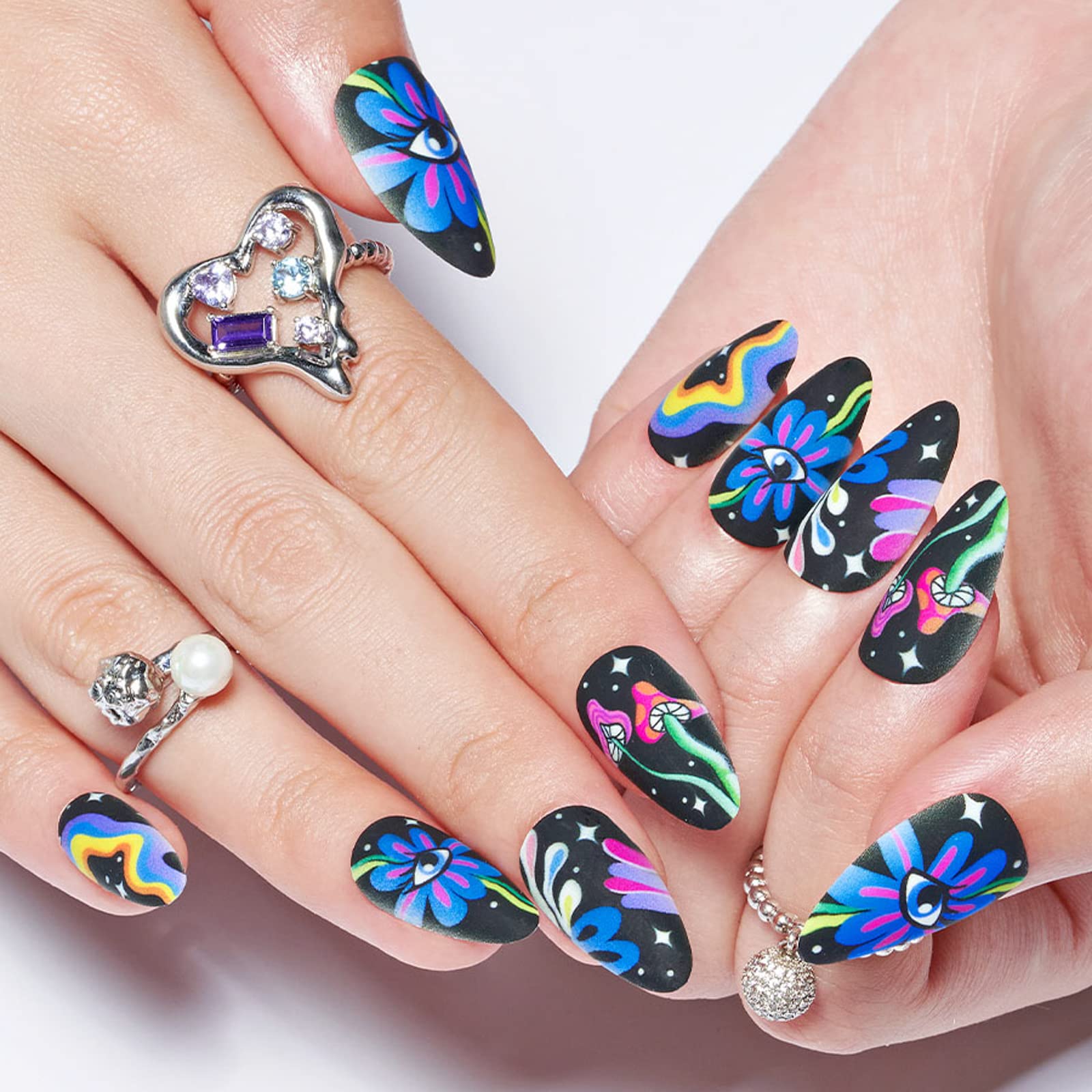 GLAMERMAID Press on Nails Medium Almond, Spring Summer Gothic Cute Cartoon Gel Glue on Nail, 24Pcs Matte Short Stiletto Reusable UV Finish Fake Nails Acrylic False Nails Manicure Kits for Women - Image 3