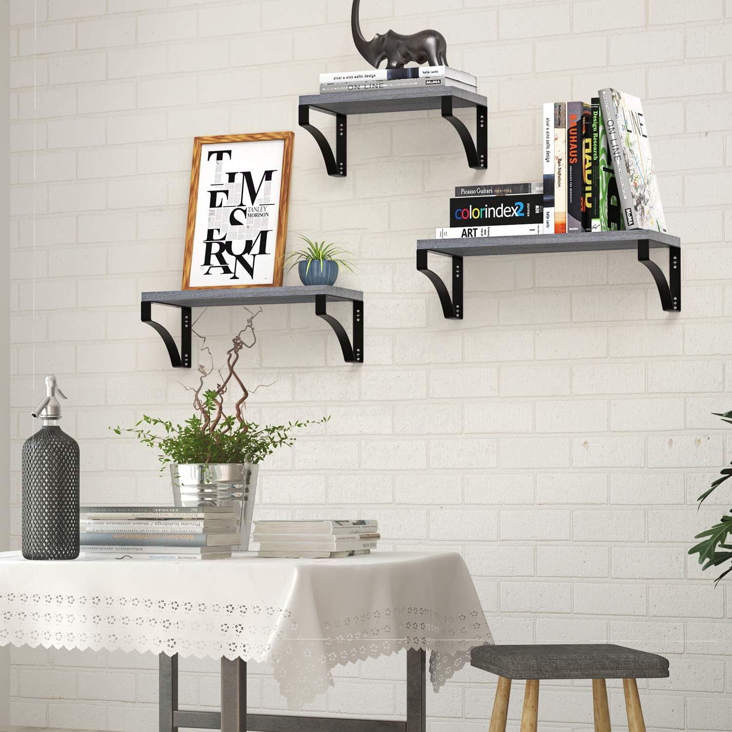 Amada Floating Shelves Wall Mounted, Rustic Paulownia Wood Wall Shelves Set of 3 for Bedroom, Bathroom, Living Room, Farmhouse Kitchen, Gray: Furniture & Decor