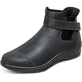 Orthofeet Blaire Orthopedic Womens Leather Boots | Hands-Free Slip-On Water-Repellent Booties with Adjustable Side Strap, Slip-Resistant, Arch Support, Ergonomic Cushioning