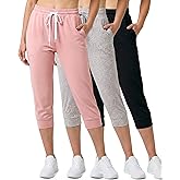 Real Essentials 3-Pack: Women's Ultra Soft Lounge Capri Joggers Sweatpants Athletic Yoga with Pockets(Available in Plus Size)