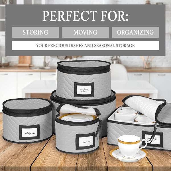 CHINA STORAGE CONTAINERS 5-PIECE SET MOVING BOXES FOR DINNERWARE, GLASSES, PLATES, MUGS AND SAUCERS STURDY QUILTED MICROFIBER DISH ORGANIZER WITH DIVIDERS FOR SEASONAL STORAGE – HOLDS SET OF 12, GRAY