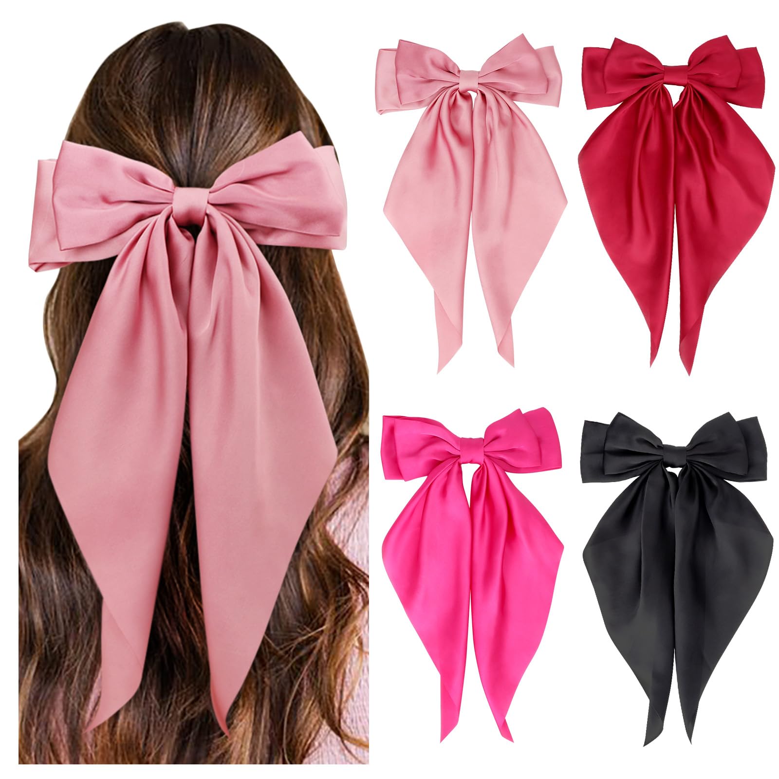 DRESHOW Hair Bows for Women Girls Large Ribbon Bow Hair Clip with Oversized Long Tail Fashion Hair Barrettes Women Hair Accessories 4 Pcs