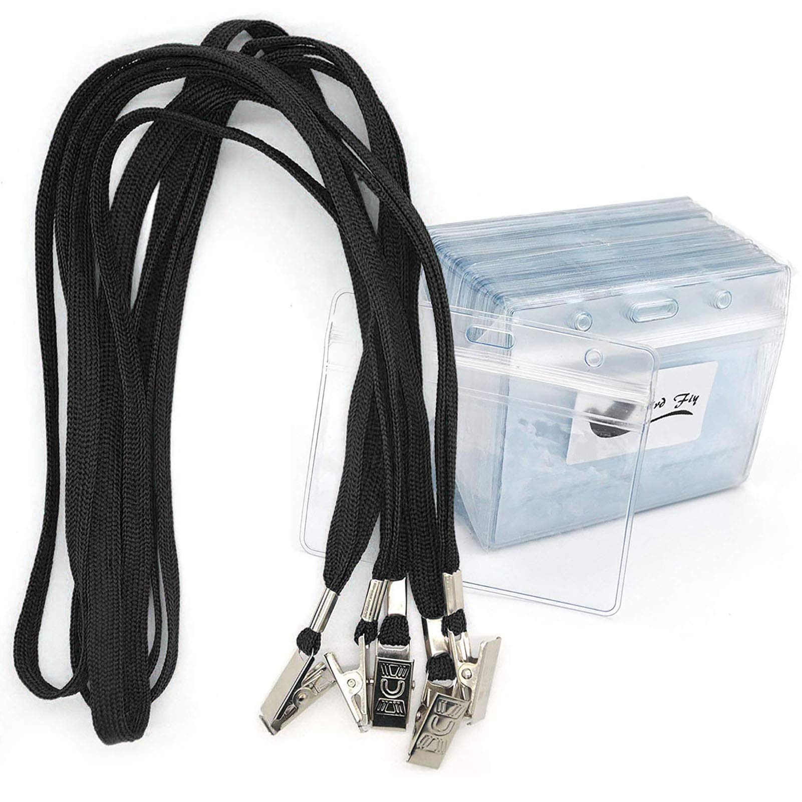 50 Pcs Waterproof Type Clear Plastic Horizontal Name Tag Badge Id Card and 50 Pcs Black Lanyard