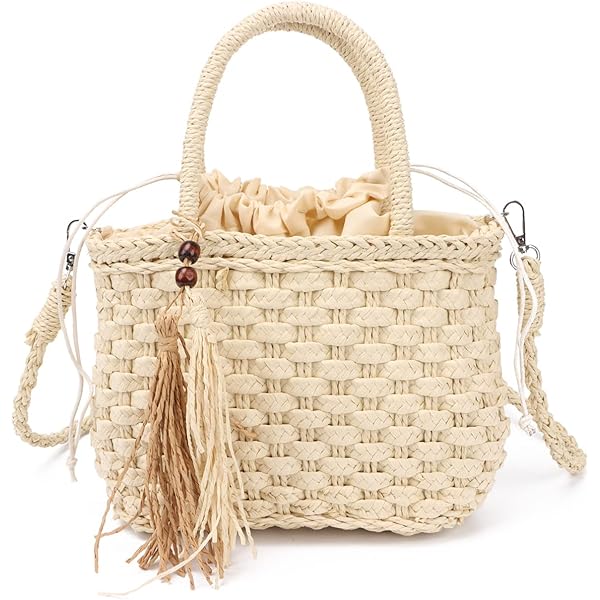 MakeMeChic Women's Straw Bucket Bag Mini Twist Lock Single