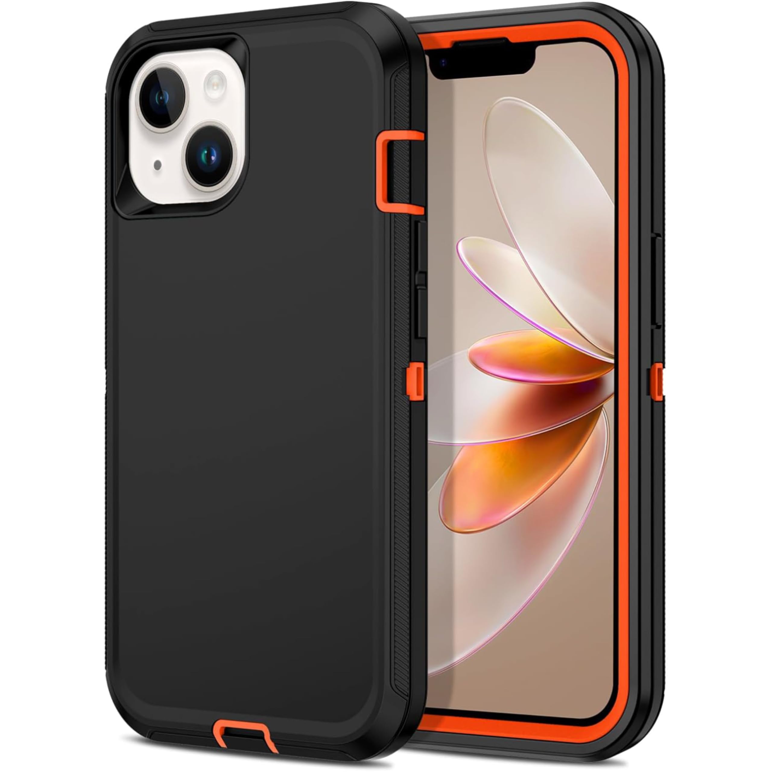 Apple iPhone 13 / iPhone 14 / iPhone 15 / iPhone 16e Case (6.1") Rugged Case Heavy Duty Shockproof Dust/Drop Proof 3 in 1 Full Body Cover (Orange, iPhone 13/iPhone 14/iPhone 15/iPhone 16e)