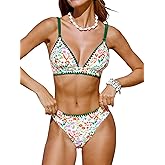 CUPSHE Women's Bikini Sets Two Piece Swimsuit V Neck Stitching Side Cutout Back Hook Adjustable Straps