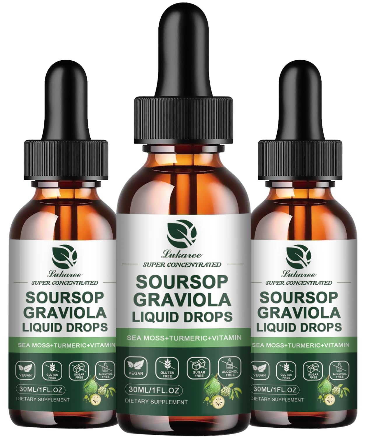 (3 Pack) Soursop Graviola Leaf Extract Liquid Drop Plus Pure Botanical Sea Moss for Cell Support & Regeneration, Immunity, Liver, Gut & Antioxidant - Soursop Bitters Liquid, 90 Day Supply, 1 Fl Oz