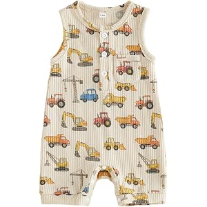 Ysfanwuxi Baby Boy Farm Clothes Construction Excavator Tractor Tank Romper | Sleeveless Onesie Jumpsuit,Infant Summer Outfit,