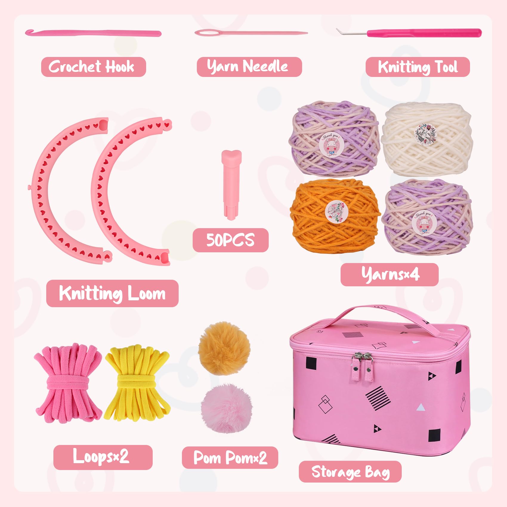 AHCo. Knitting Loom Kit for Beginners, Creative Craft Toy for Girls Ages 7 8 9 10 11 12 with Storage Bags Yarns Knitting Tools, Fantastic DIY Gifts Knit Hat Scarf Coaster (Pink)