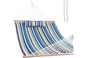 Lazy Daze Hammocks 12 FT Quilted Fabric Double Hammock with Spreader Bars and Detachable Pillow, 450lbs Weight Capacity, Beaches Stripe