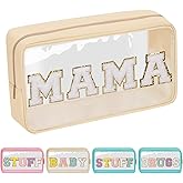Iqimott Clear Patch Makeup Bag Mama Pouch, Preppy Personalized Chenille Letter Cosmetic Pouch for Travel, Nylon Waterproof Travel Essentials Zipper Toiletry Bags for Women Girls(MAMA, Beige)
