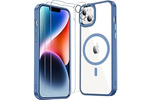 Red2Fire Magnetic for iPhone 15 Plus Case for iPhone 14 Plus Case Clear, [Compatible with Magsafe][2X Glass Screen Protector+Camera Lens Protector][Not Yellowing] Slim Phone Case 6.7 inch -Clear/Blue