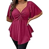 Eytino Womens Plus Size Tops Twist Front V Neck Short Sleeve Eyelet Embroidery Summer Loose Blouse Shirts(1X-5X)