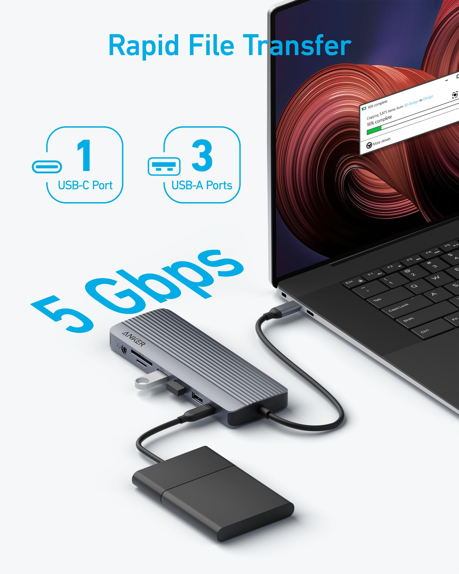 Anker Triple Display USB-C Hub (14-in-1), Dreifaches Display, 4K@60Hz HDMI mit 80W Max Power Delivery, 5 Gbit/s USB-C USB-A Datenports, Für MacBook, Lenovo, Dell XPS, HP Laptops (Ohne Ladegerät) 5
