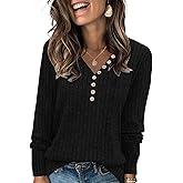 Womens Henley Knit Sweaters 2025 Fall Winter Deep V Neck Long Sleeve Button Pullover Casual Tops