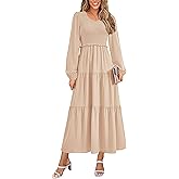 PRETTYGARDEN Fall Dresses for Women 2025 Casual Long Sleeve V Neck Smocked A Line Long Flowy Wedding Guest Dress
