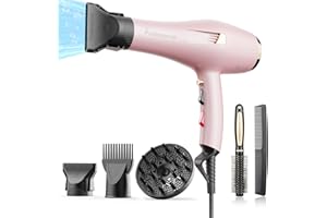 Dekuri Professional Ionic Hair Dryer AC Motor Fast Drying Salon Blow Dryer with Diffuser, Comb, Nozzle, Concentrator, for Curly and Straight Hair, 2 Speed & 3 Heat Setting, Cool Button, Pink
