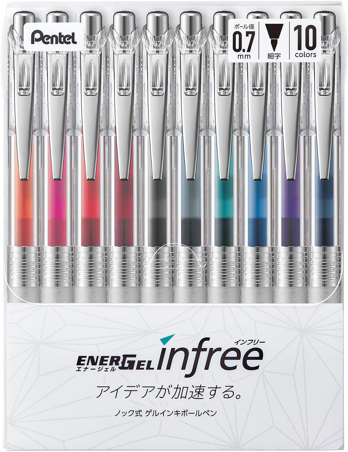 Pentel EnerGel Ink Ballpoint Pen (EnerGel Infree), 0.7mm ball, 10 Color Set (BL77TL-10)