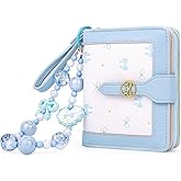 Busnos Women's Wallet Bow Keychain Wristlet Wallets for Women Cute Small Ladies Wallets Blue Bifold Coquette Wallet Womens With Zipper Women's Coin Pocket Purses Card Holder for Women