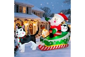 Meland Christmas Inflatables Outdoor - 9.5 FT Christmas Blow Ups Yard Decorations with Lights & Three Characters - Dog, Santa Clause on Sleigh, Penguin, Inflatable Decorations for Outside, Lawn Decor