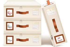 NATHOMAIM 4 Pack Sheet Organizers and Storage (King & Queen Size), Foldable Linen Closet Bed Sheet Organizer with Window, Folding Bedding Storage for Bedsheets, Blankets and Towel (Beige)