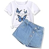 Voxikodex Girls Clothes 2PCS Butterfly Print Short Sleeve T-Shirt Denim Skirt Shorts Set Teen Tween Girls Summer Outfits Set