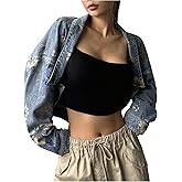 WDIRARA Women's Floral Print Open Front Cropped Denim Jacket Y2k Long Sleeve Jean Coat