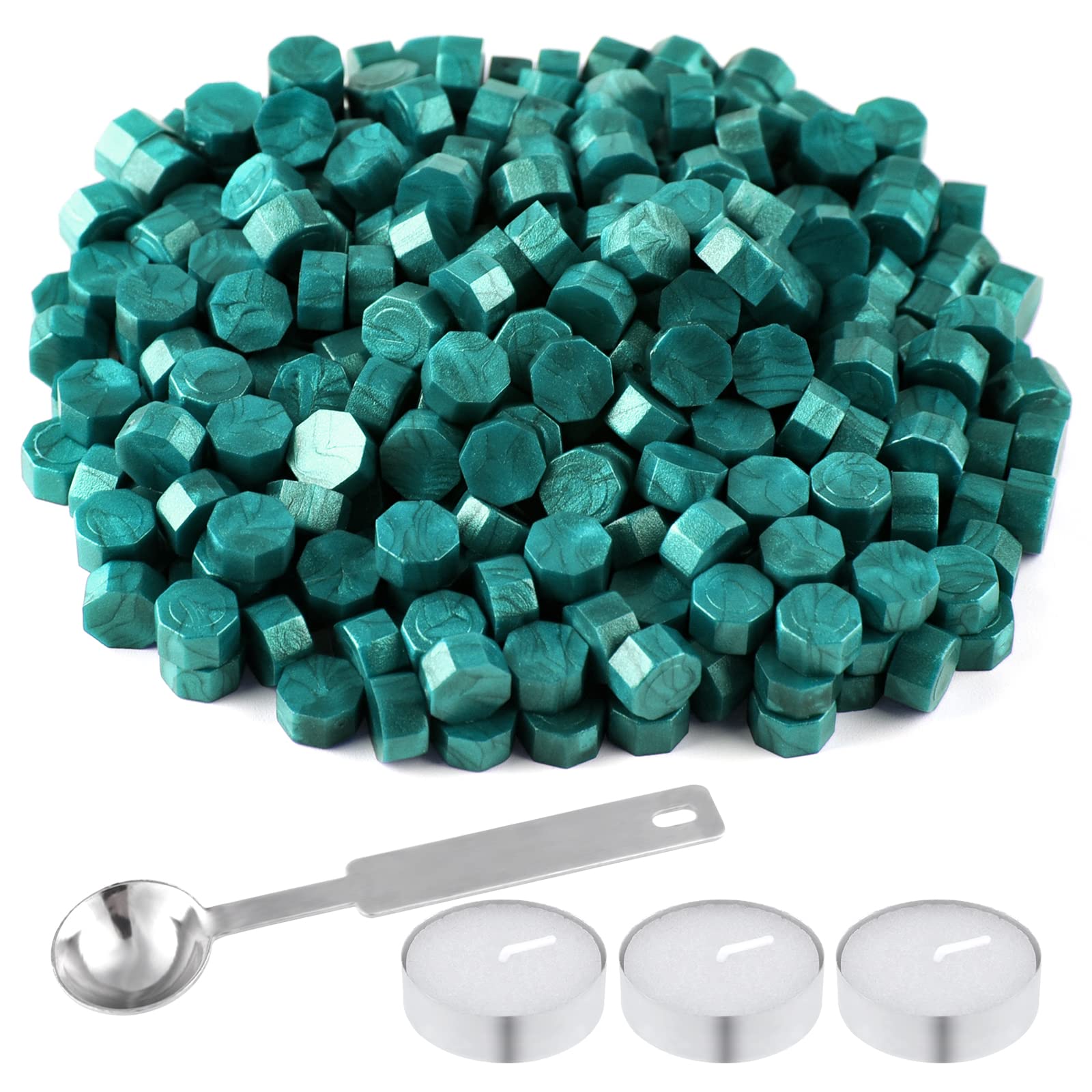FEPITO 300 Pcs Octagon Sealing Wax Beads Sticks with 3 Pcs Tea Candles and 1 Piece Wax Melting Spoon for Wax Stamp Sealing