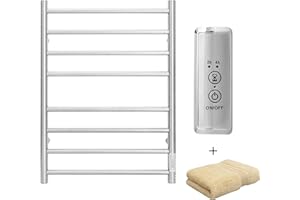 KEG Towel Warmer Wall Mounted with Built-in Timer 8 Bars Electric Stainless Steel Heated Towel Racks for Bathroom, Hot Plug-in Bath Towel Heater Brushed Nickel (TW-8-BN)