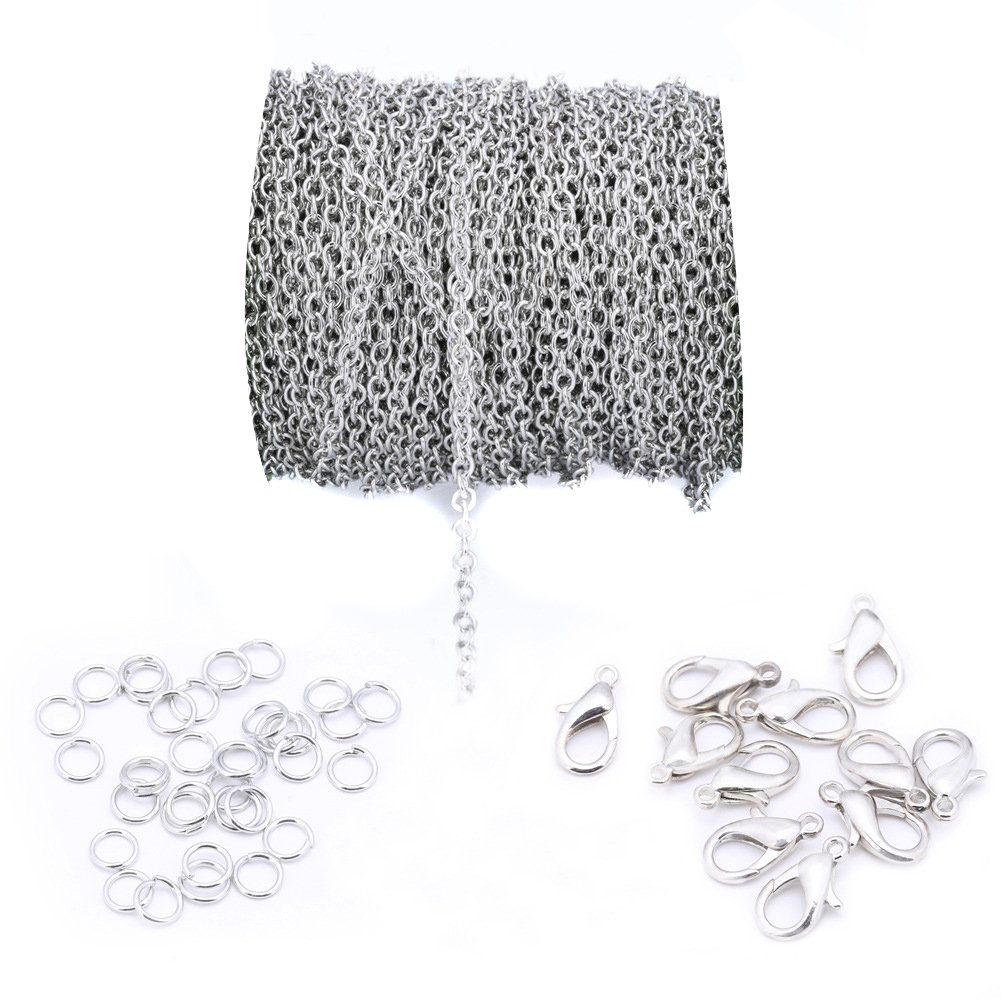 20ft 4x6mm Twisted Cross Chains Metal Cable Chain Link and 20pcs Lobster Clasp & 100pcs Open Jump Ring Jewelry Making Chain for DIY Making Bracelet Necklace (White K)