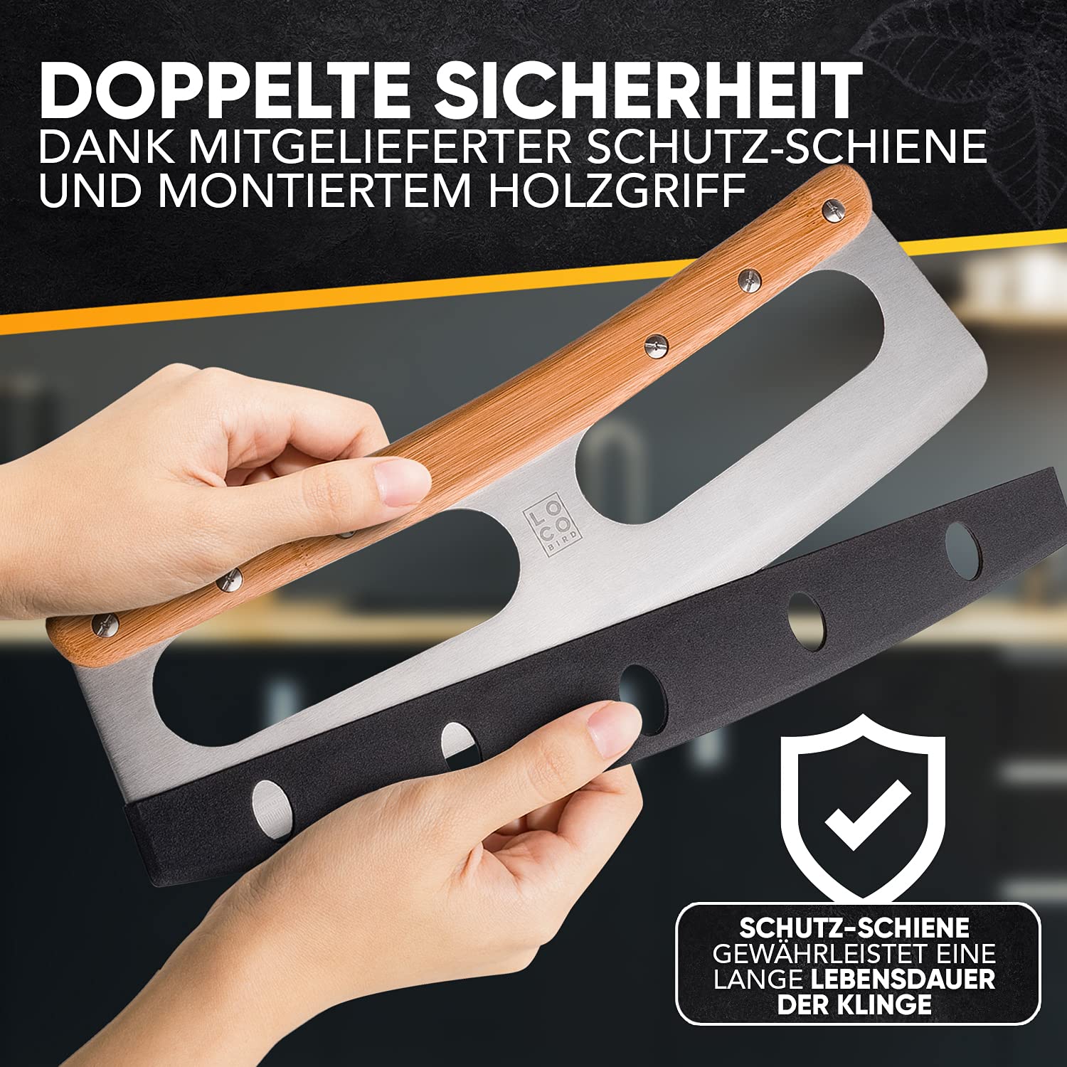 Loco Bird Pizzaschneider 34,5cm - Pizzamesser aus Edelstahl mit Bambusgriff - Pizza schneider mit Klingenschutz - Vielseitig einsetzbares Pizza Wiegemesser lustig - cutter scharfe Edelstahl Klinge 2
