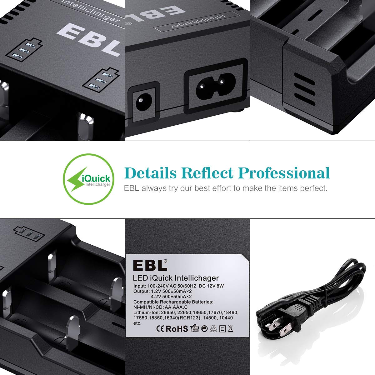 EBL Universal Rechargeable Battery Charger for Ni-MH/Ni-CD AA AAA C Rechargeable Batteries and 3.7V Li-ion Batteries 18650 18490 18350 17670 17500 16340(RCR123) 14500